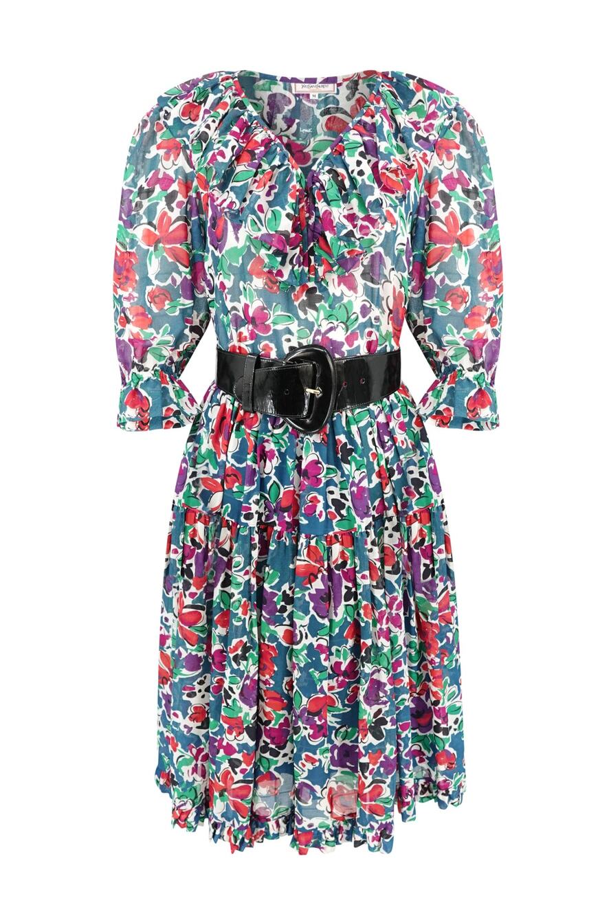 Yves Saint Laurent 1970s Painterly Floral Cotton Blouse and Tiered Skirt Set